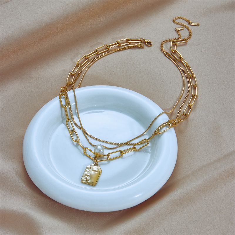 Einfacher Stil Menschliches Gesicht Titan Stahl Perle Vergoldet Geschichtete Halskette 1 Stück
