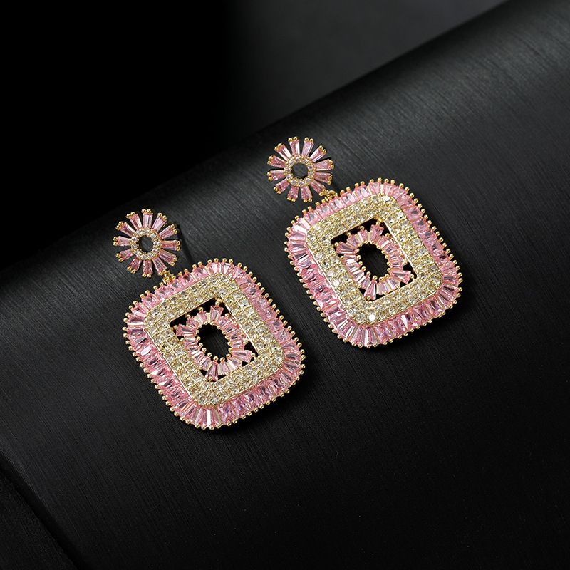 Fashion Round Square Copper Inlay Zircon Drop Earrings 1 Pair