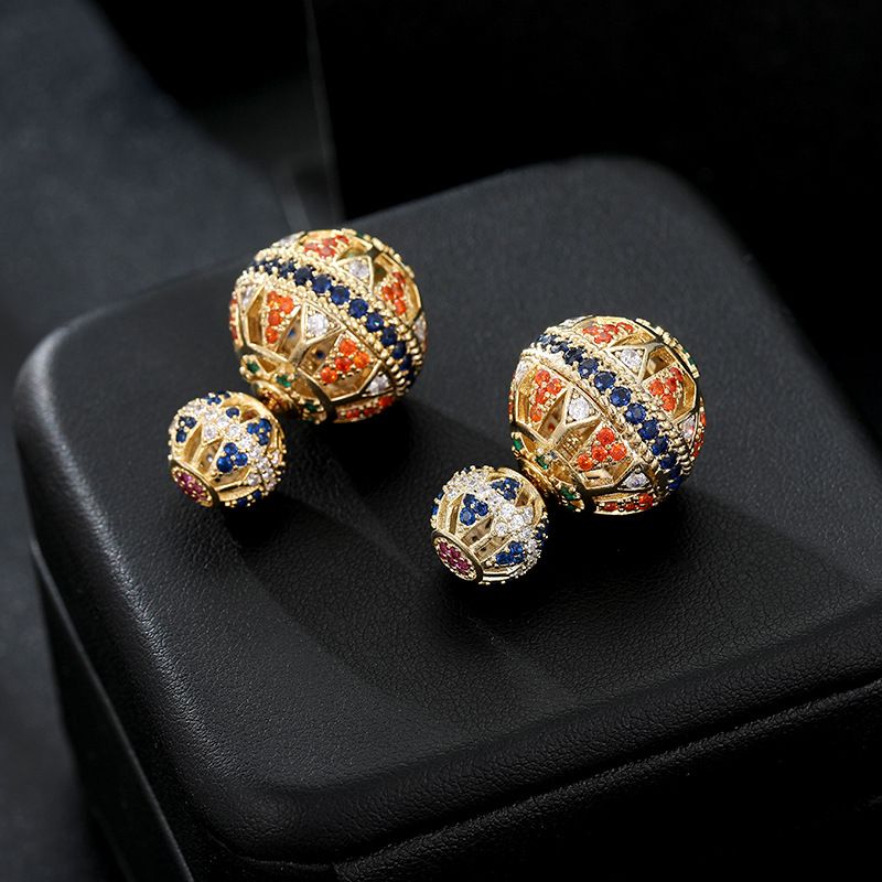 Retro Geometric Copper Inlay Zircon Ear Studs 1 Pair