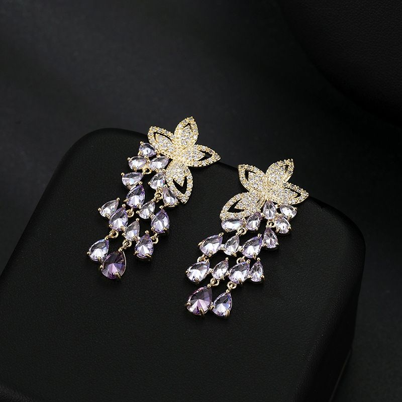 Fashion Water Droplets Flower Copper Inlay Zircon Drop Earrings 1 Pair