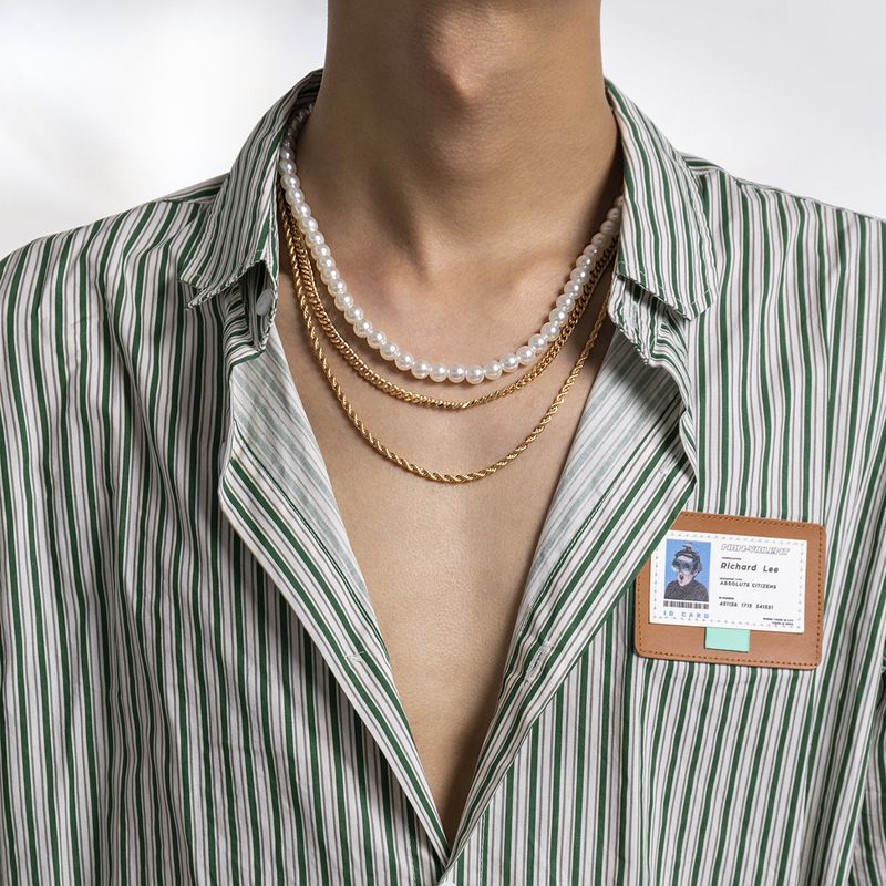 Fashion Geometric Imitation Pearl Iron Plating Men'S Layered Necklaces