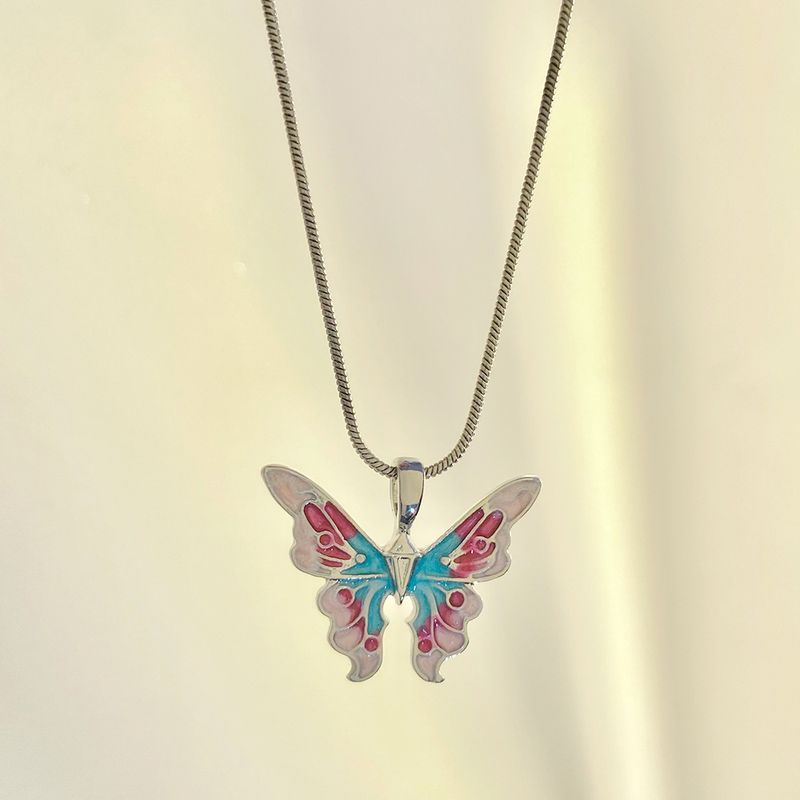 Mode Schmetterling Legierung Emaille Frau Halskette Mit Anhänger 1 Stück