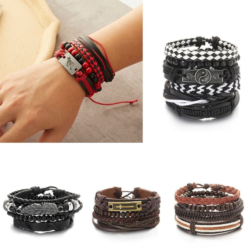 Fashion Heart Shape Pu Leather Knitting Men's Bracelets 1 Set