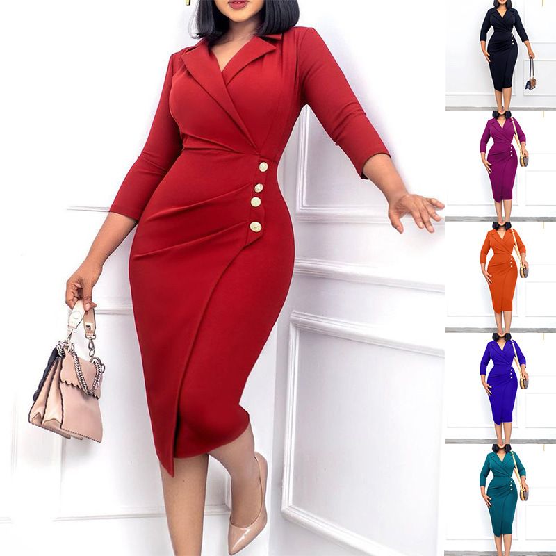 Fashion Solid Color Turndown 3/4 Length Sleeve Button Polyester Dresses Midi Dress Pencil Skirt
