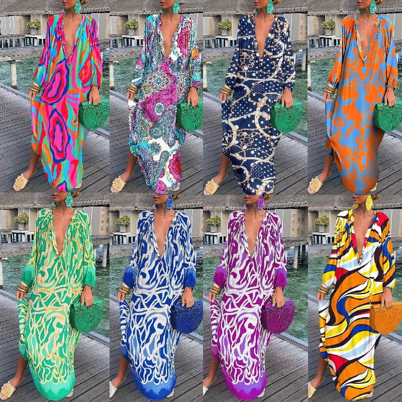 Women's Swing Dress Vacation V Neck Printing Long Sleeve Printing Maxi Long Dress Holiday