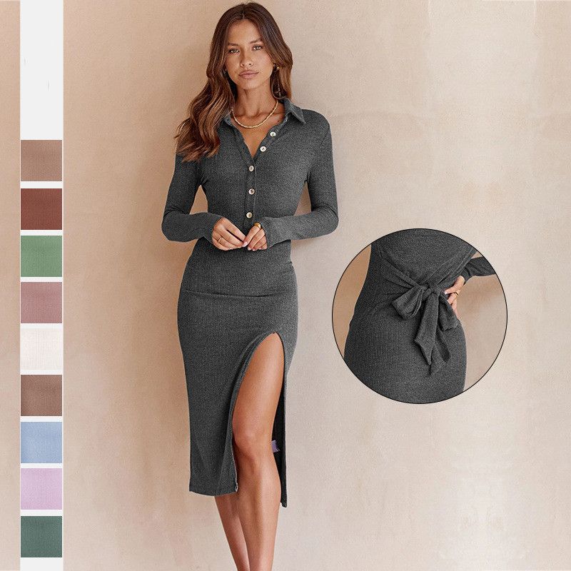 Casual Solid Color V Neck Long Sleeve Slit Button Cotton Dresses Midi Dress Sheath Dress