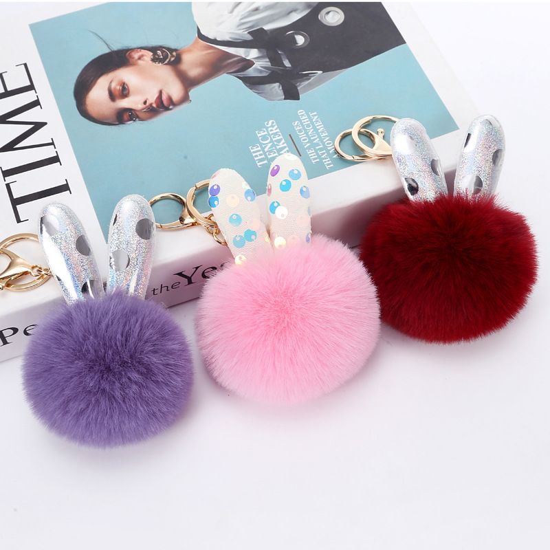 Cute Bunny Ears Plush Metal Plating Bag Pendant Keychain