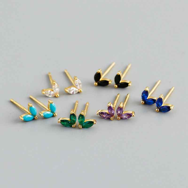 Simple Style Leaf Sterling Silver Inlay Zircon Ear Studs 1 Pair