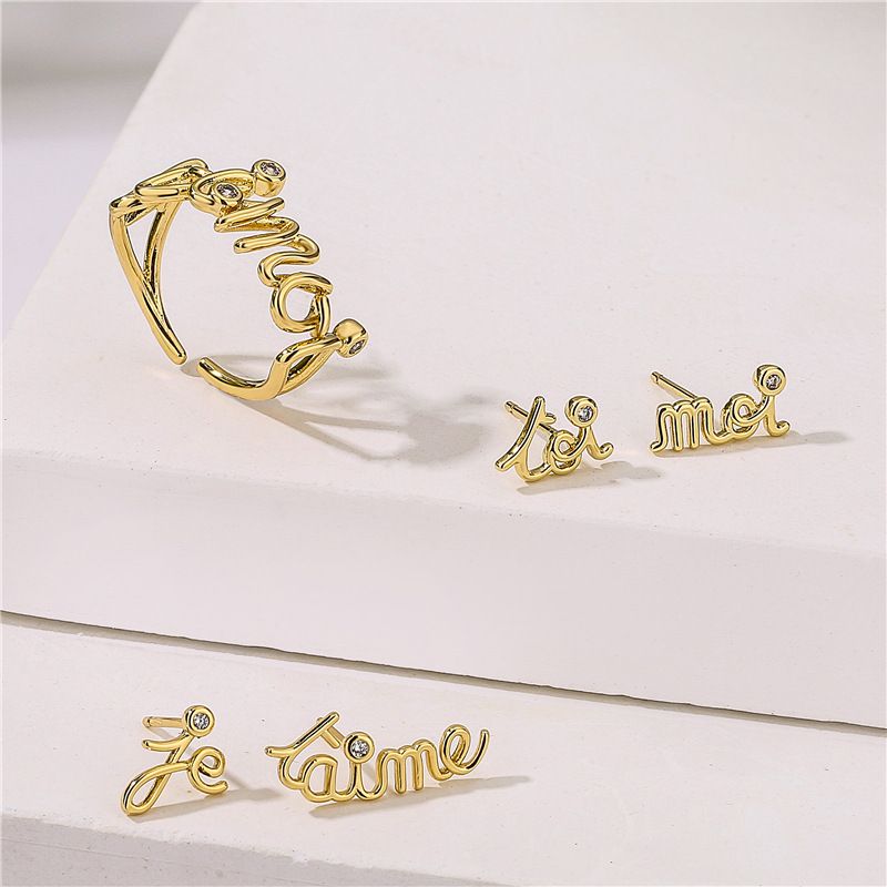 Fashion Letter Copper Plating Inlay Artificial Gemstones Women's Rings Earrings