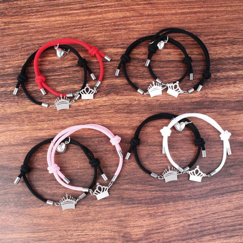 Fashion Crown Stainless Steel Synthetic Fibre Couple Bracelets 1 Pair