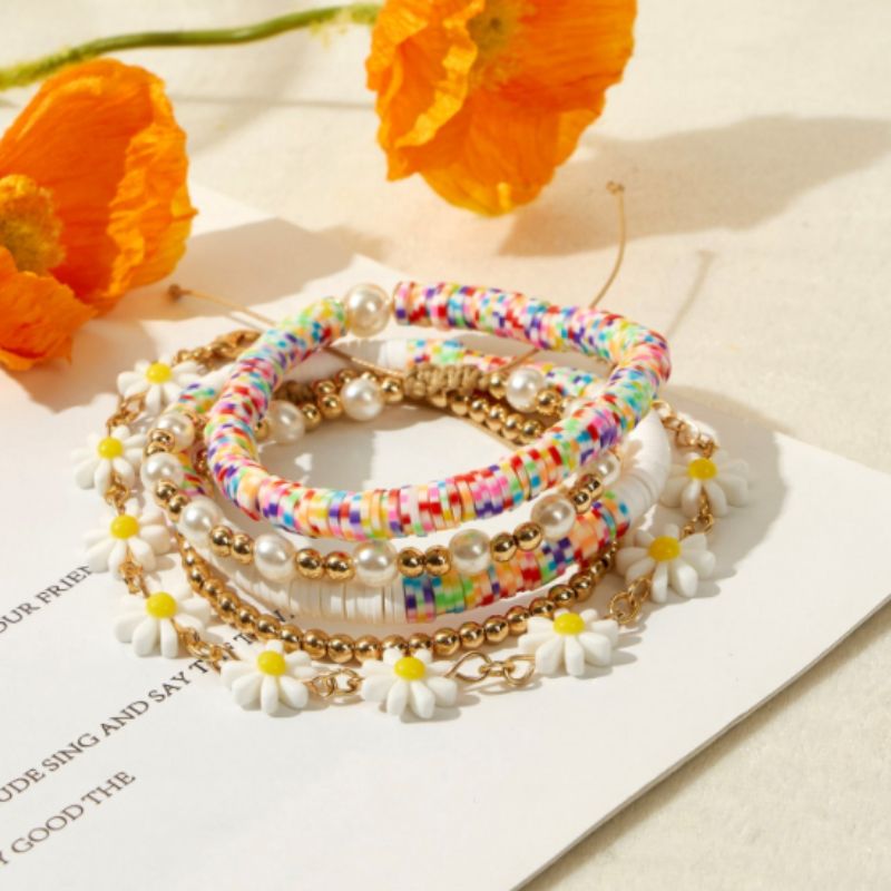 Bohemian Geometric Soft Clay Beaded Artificial Pearls Women's Bracelets 5 Piece Set
