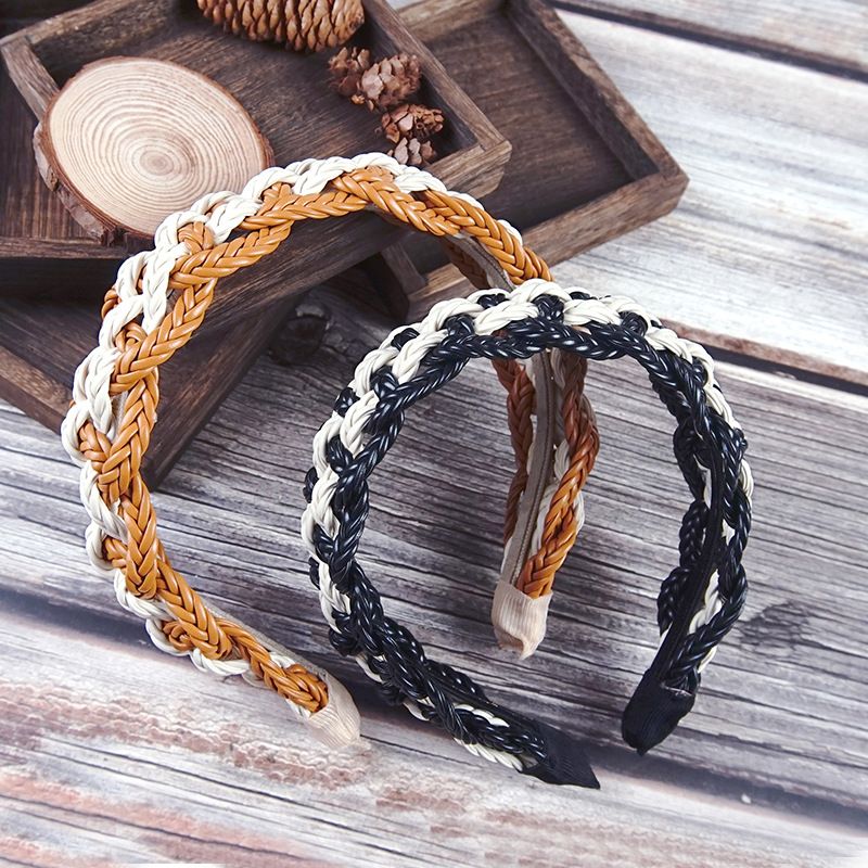 Women's Retro Solid Color Pu Leather Braid Hair Band