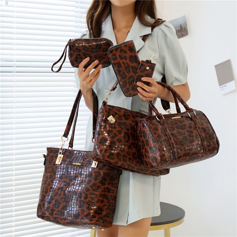 Women's Large All Seasons Pu Leather Leopard Vintage Style Square Zipper Bag Sets