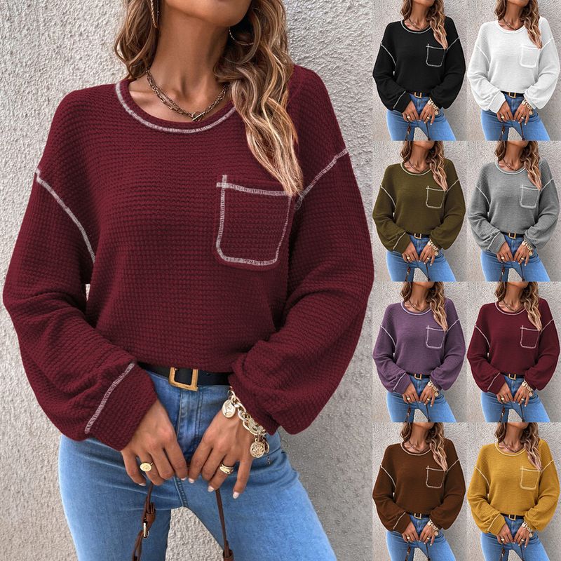 Fashion Solid Color Cotton Round Neck Long Sleeve Batwing Sleeve Pocket Knitwear