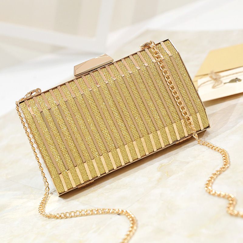 Black Gold Silver Polyester Metal Stripe Solid Color Square Clutch Evening Bag