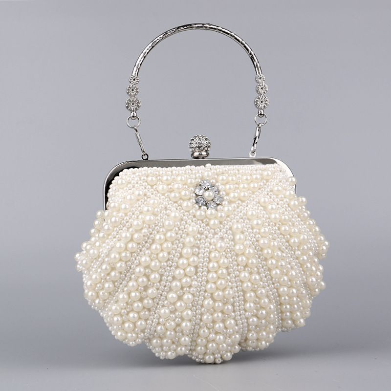 White Pu Leather Flower Shell Clutch Evening Bag