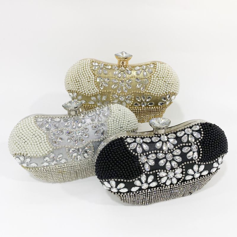 Black Gold Silver Pu Leather Crown Solid Color Rhinestone Pearls Clutch Evening Bag