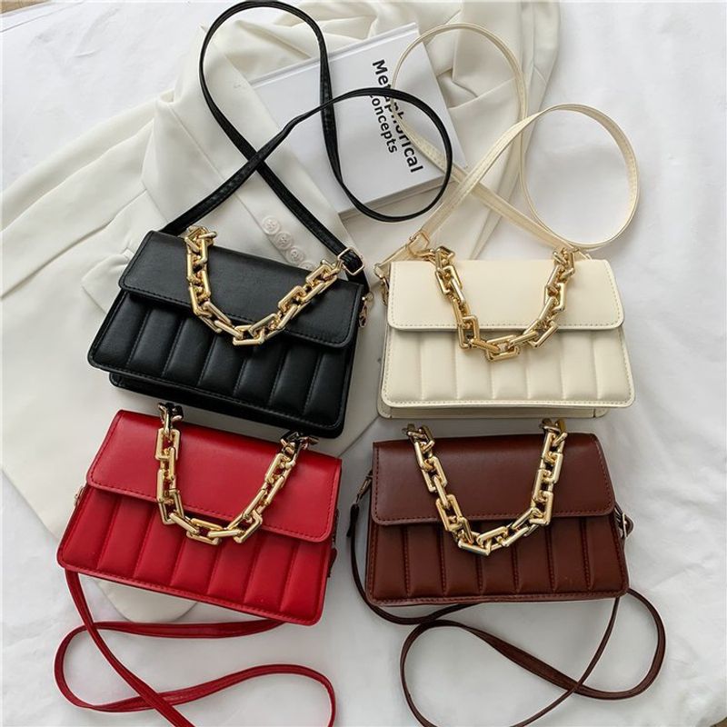 Women's Small Summer Pu Leather Stripe Solid Color Vintage Style Chain Square Flip Cover Handbag