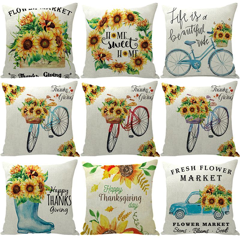 Pastoral Sunflower Letter Linen Pillow Cases