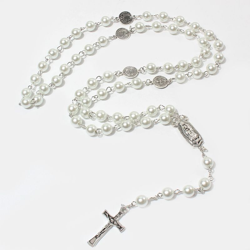 Fashion Cross Imitation Pearl Glass Beaded Pendant Necklace