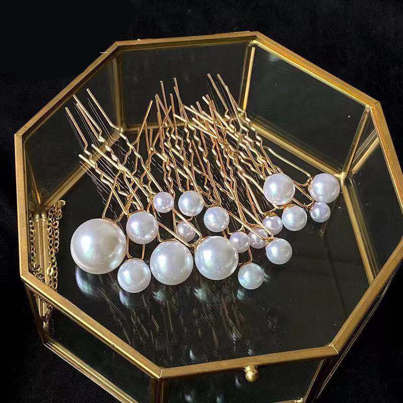 Fashion U Shape Metal Inlay Artificial Pearls Hairpin 16 Pieces