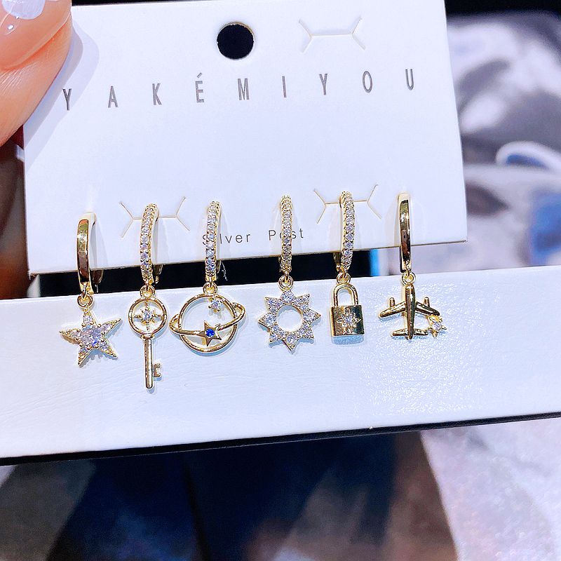 Yakemiyou Star Key Lock Copper Asymmetrical Zircon Dangling Earrings 6 Pieces