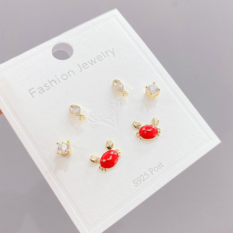 Cute Crab Copper Plating Zircon Ear Studs 3 Pairs
