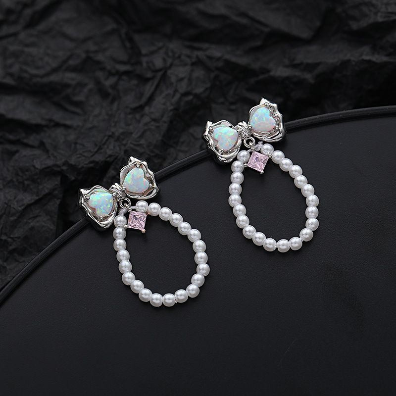 Fashion Bow Knot Copper Pearl Plating Inlay Artificial Gemstones Drop Earrings 1 Pair