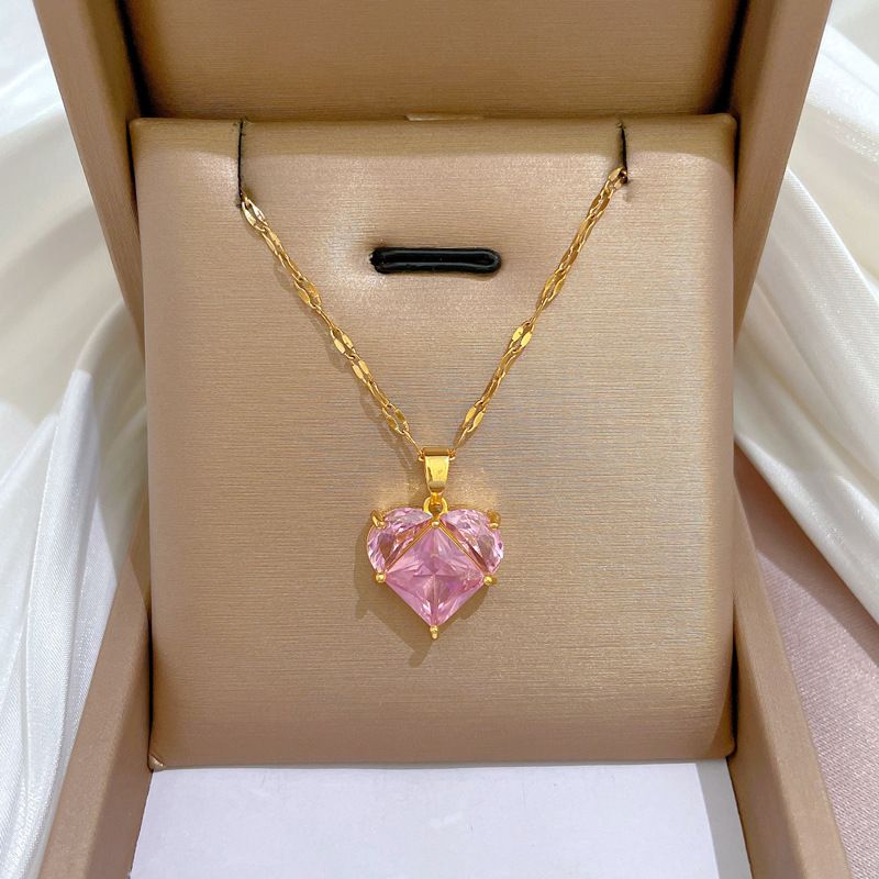 Simple Style Heart Shape Titanium Steel Copper Inlay Zircon Necklace
