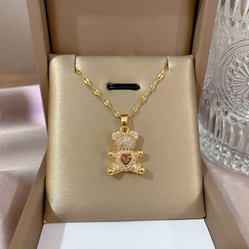 Acier Au Titane Le Cuivre Décontractée Mignon Placage Incruster Ours Zircon Pendentif