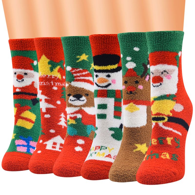 Women's Cute Christmas Tree Santa Claus Elk Coral Fleece Jacquard Crew Socks