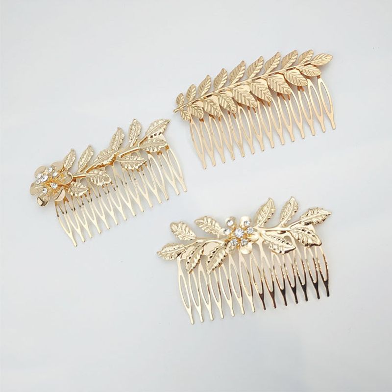 Fashion Leaf Flower Metal Plating Inlay Artificial Gemstones Hair Combs 1 Piece