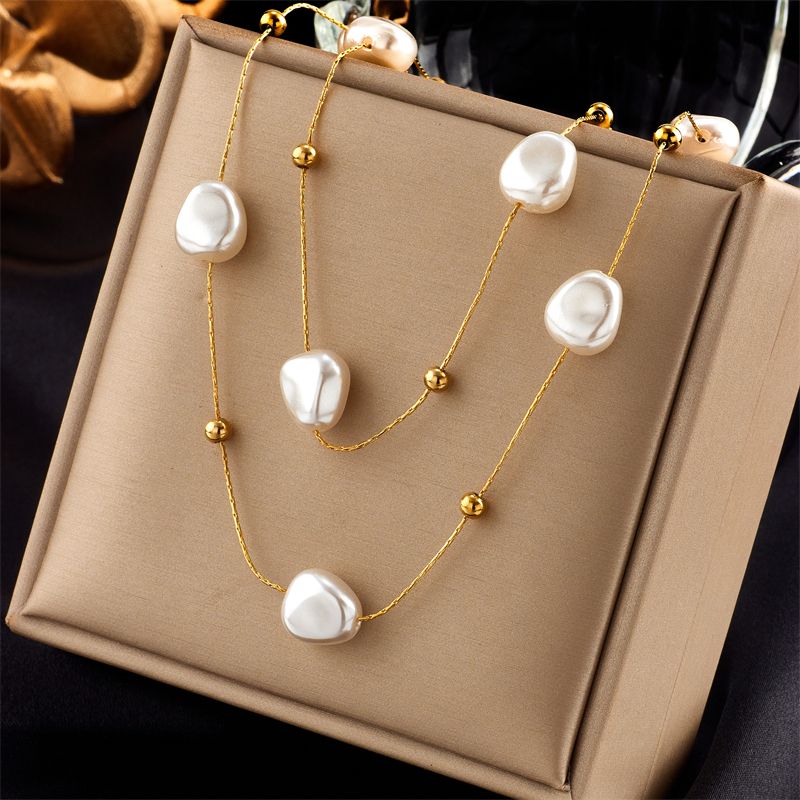 Basic Geometric Titanium Steel Gold Plated Artificial Pearls Necklace 1 Piece