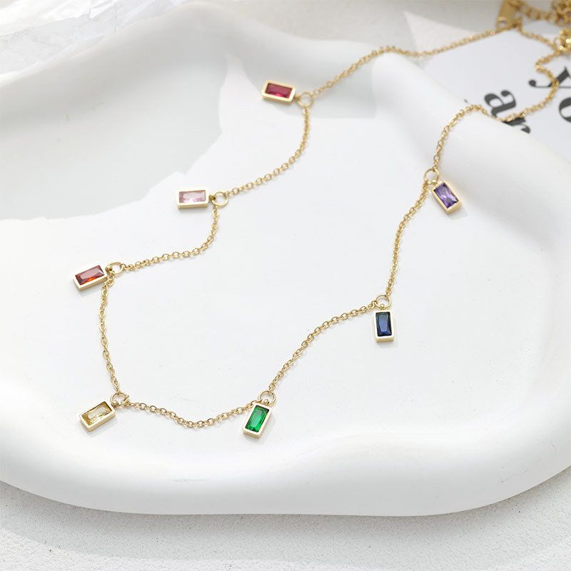 Simple Style Square Titanium Steel Necklace Inlaid Gold Zircon Stainless Steel Necklaces