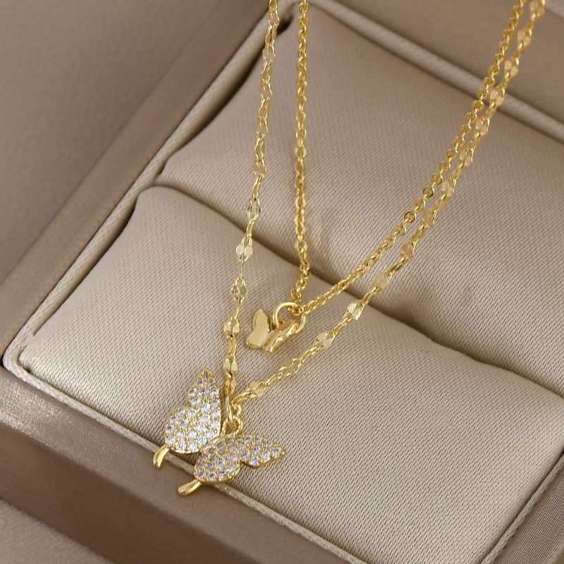 Fashion Butterfly Copper Layered Necklaces Gold Plated Zircon Copper Necklaces 1 Piece