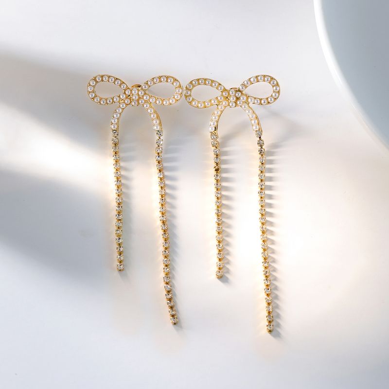 Sweet Bow Knot Copper Artificial Pearls Zircon Drop Earrings 1 Pair