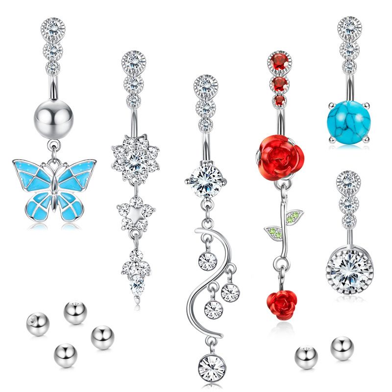 Fashion Flower Stainless Steel Plating Inlay Zircon Women's Belly Ring 6 Pieces