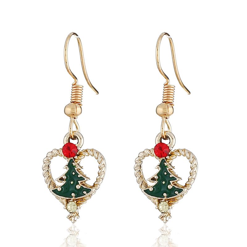 Moda Árbol De Navidad Forma De Corazón Aleación Esmalte Embutido Diamantes De Imitación Mujeres Aretes Collar 1 Pieza 1 Par