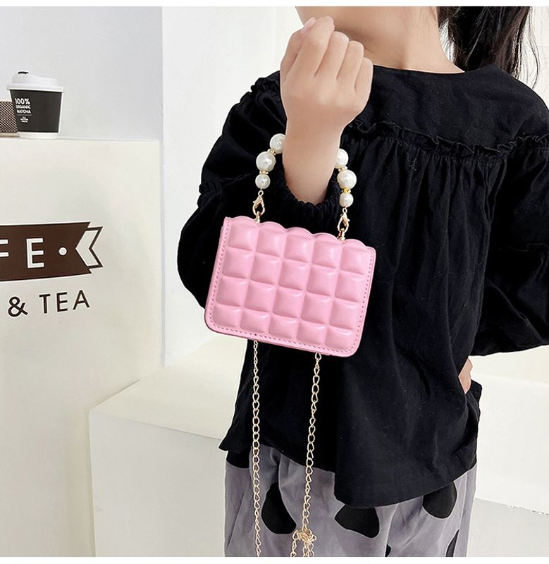 Kid's Mini Mini Pu Leather Solid Color Lingge Streetwear Pearl Square Flip Cover Crossbody Bag