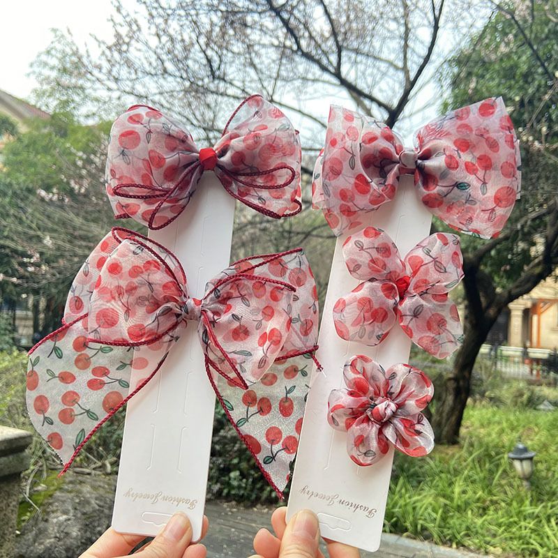 Sweet Cherry Bow Knot Synthetic Yarn Handmade Hair Clip 1 Piece