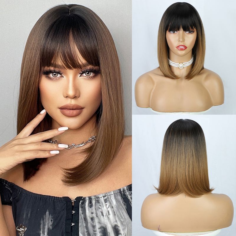 Women's Fashion Gradient Color Holiday High Temperature Wire Bangs Straight Hair Wigs