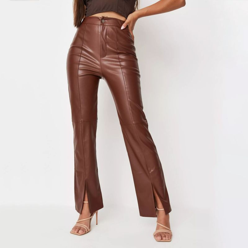 Fashion Solid Color Pu Full Length Slit Flared Pants