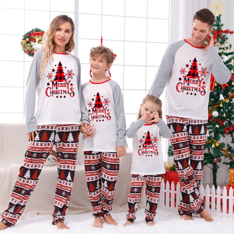 Casual Árbol De Navidad Letra Raya Algodón Conjuntos De Pantalones Pantalones Rectos Blusa Trajes A Juego Para La Familia