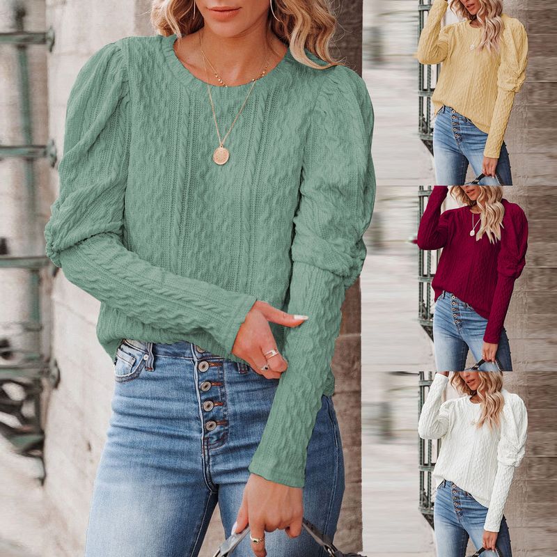 British Style Solid Color Cotton Round Neck Long Sleeve Leg-of-mutton Sleeve Patchwork Sweater