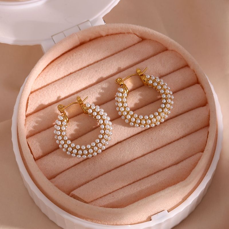 Moda Geométrico Acero Inoxidable Embutido Perlas Artificiales Chapado En Oro Pendientes De Aro 1 Par