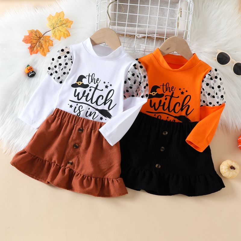 Halloween Fashion Letter Button Cotton Girls Clothing Sets