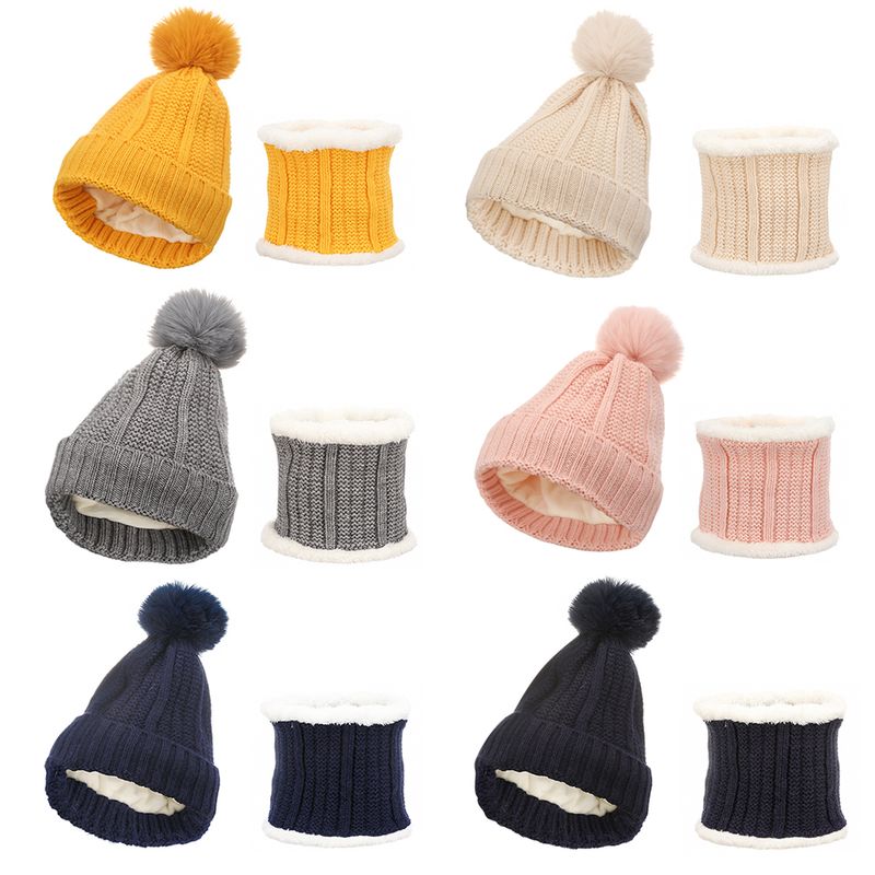 Children Unisex Fashion Solid Color Pom Poms Rib-knit Wool Cap