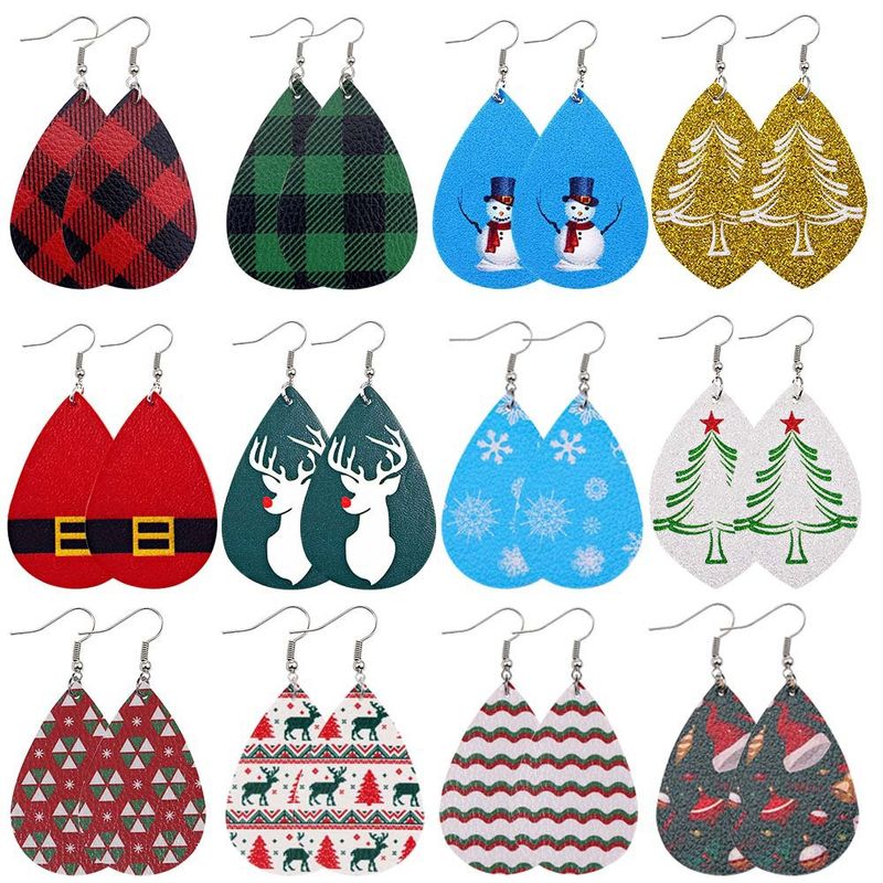 Fashion Christmas Tree Plaid Snowman Pu Leather Women's Earrings 1 Pair