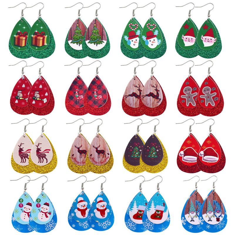 Moda Árbol De Navidad Gotitas De Agua Monigote De Nieve Cuero Sintético Mujeres Aretes 1 Par