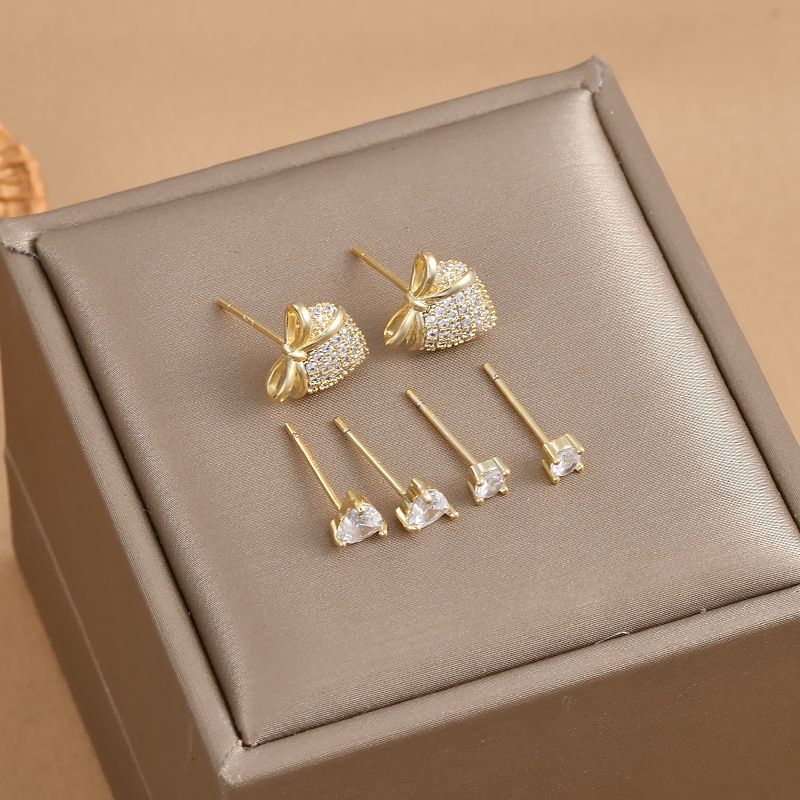 Glamour Geométrico Cobre Chapado En Oro Diamantes De Imitación Pendientes 3 Pares